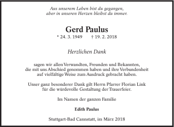 Traueranzeige von Gerd Paulus von Eßlinger Zeitung/Cannstatter Zeitung