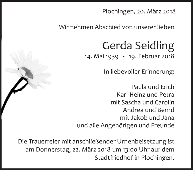  Traueranzeige für Gerda Seidling vom 20.03.2018 aus Eßlinger Zeitung/Cannstatter Zeitung