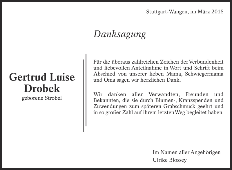  Traueranzeige für Gertrud Luise Drobek vom 29.03.2018 aus Eßlinger Zeitung/Cannstatter Zeitung