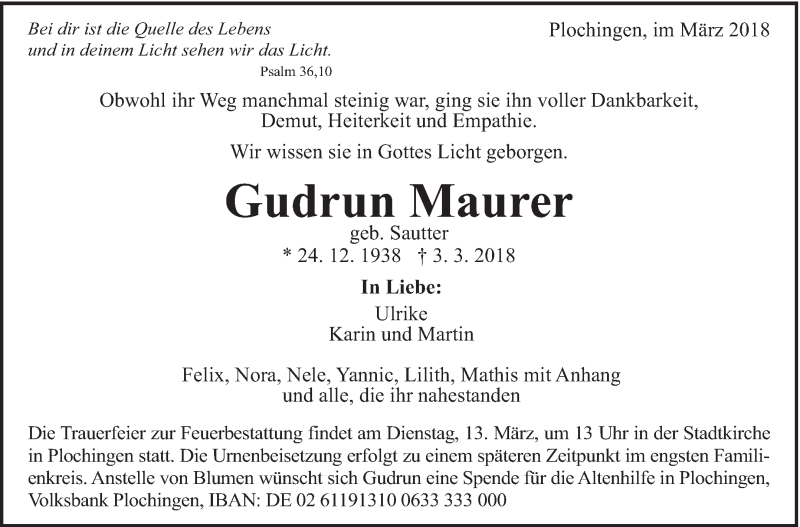  Traueranzeige für Gudrun Maurer vom 08.03.2018 aus Eßlinger Zeitung/Cannstatter Zeitung