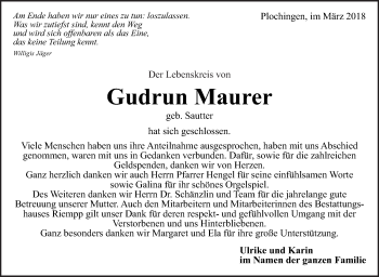 Traueranzeige von Gudrun Maurer von Eßlinger Zeitung/Cannstatter Zeitung