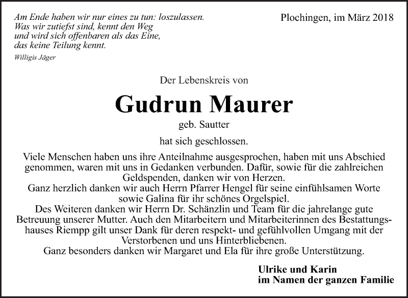  Traueranzeige für Gudrun Maurer vom 31.03.2018 aus Eßlinger Zeitung/Cannstatter Zeitung