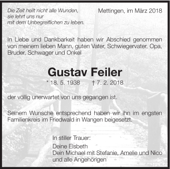 Traueranzeige von Gustav Feiler von Eßlinger Zeitung/Cannstatter Zeitung