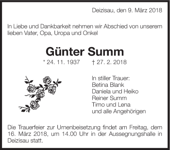 Traueranzeige von Günter Summ von Eßlinger Zeitung/Cannstatter Zeitung