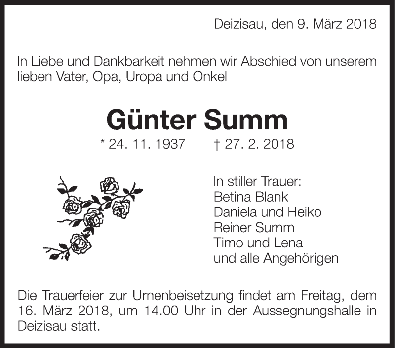  Traueranzeige für Günter Summ vom 09.03.2018 aus Eßlinger Zeitung/Cannstatter Zeitung