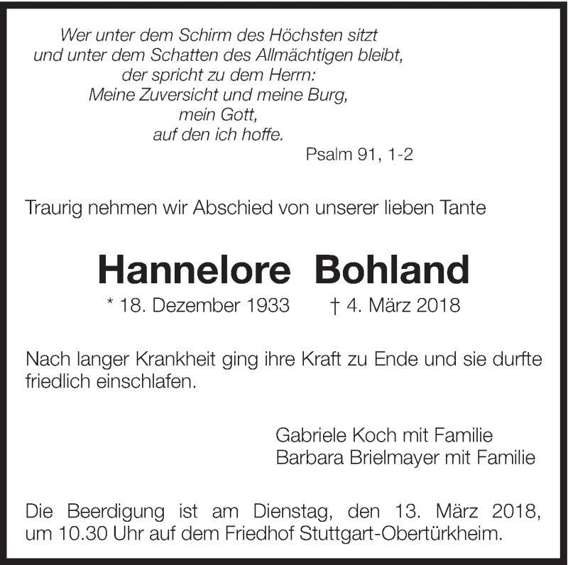  Traueranzeige für Hannelore Bohland vom 10.03.2018 aus Eßlinger Zeitung/Cannstatter Zeitung