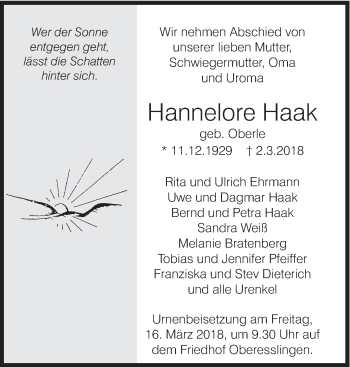 Traueranzeige von Hannelore Haak von Eßlinger Zeitung/Cannstatter Zeitung