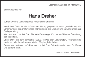 Traueranzeige von Hans Dreher von Eßlinger Zeitung/Cannstatter Zeitung
