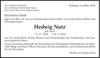 Traueranzeige von Hedwig Nutz von Eßlinger Zeitung/Cannstatter Zeitung