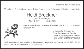 Traueranzeige von Heidi Bruckner von Eßlinger Zeitung/Cannstatter Zeitung