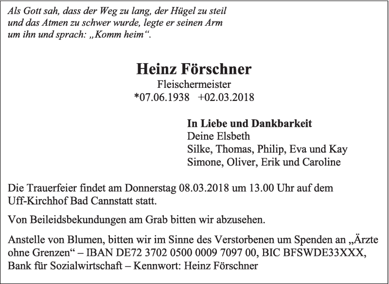  Traueranzeige für Heinz Förschner vom 06.03.2018 aus Eßlinger Zeitung/Cannstatter Zeitung