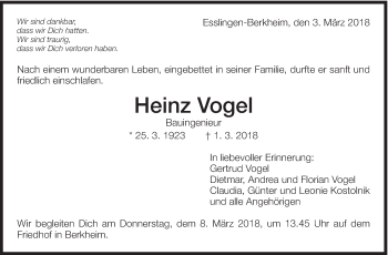 Traueranzeige von Heinz Vogel von Eßlinger Zeitung/Cannstatter Zeitung