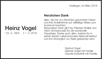 Traueranzeige von Heinz Vogel von Eßlinger Zeitung/Cannstatter Zeitung