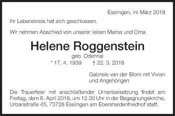 Traueranzeige von Helene Roggenstein von Eßlinger Zeitung/Cannstatter Zeitung