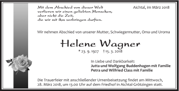 Traueranzeige von Helene Wagner von Eßlinger Zeitung/Cannstatter Zeitung