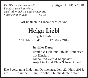 Traueranzeige von Helga Liebl von Eßlinger Zeitung/Cannstatter Zeitung