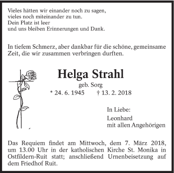 Traueranzeige von Helga Strahl von Eßlinger Zeitung/Cannstatter Zeitung