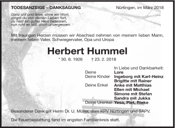 Traueranzeige von Herbert Hummel von Eßlinger Zeitung/Cannstatter Zeitung