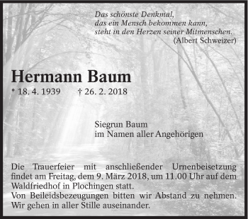 Traueranzeige von Hermann Baum von Eßlinger Zeitung/Cannstatter Zeitung