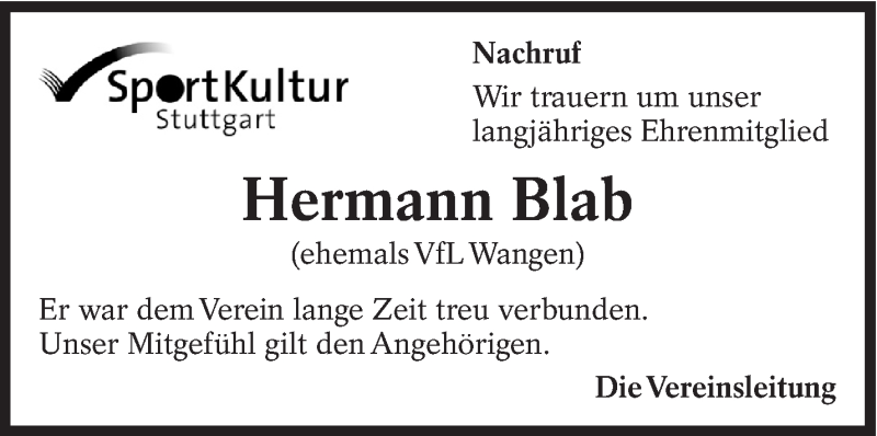  Traueranzeige für Hermann Blab vom 20.03.2018 aus Eßlinger Zeitung/Cannstatter Zeitung