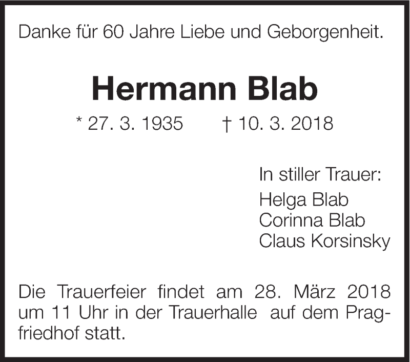  Traueranzeige für Hermann Blab vom 17.03.2018 aus Eßlinger Zeitung/Cannstatter Zeitung