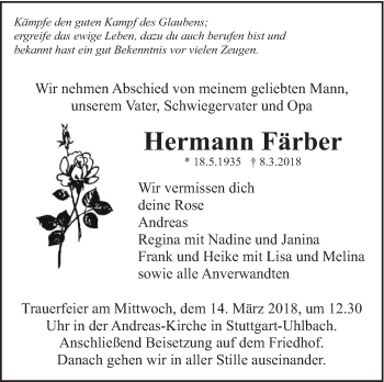 Traueranzeige von Hermann Färber von Eßlinger Zeitung/Cannstatter Zeitung