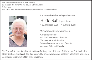 Traueranzeige von Hilde Bähr von Eßlinger Zeitung/Cannstatter Zeitung