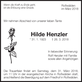 Traueranzeige von Hilde Henzler von Eßlinger Zeitung/Cannstatter Zeitung