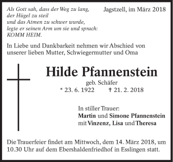Traueranzeige von Hilde Pfannenstein von Eßlinger Zeitung/Cannstatter Zeitung