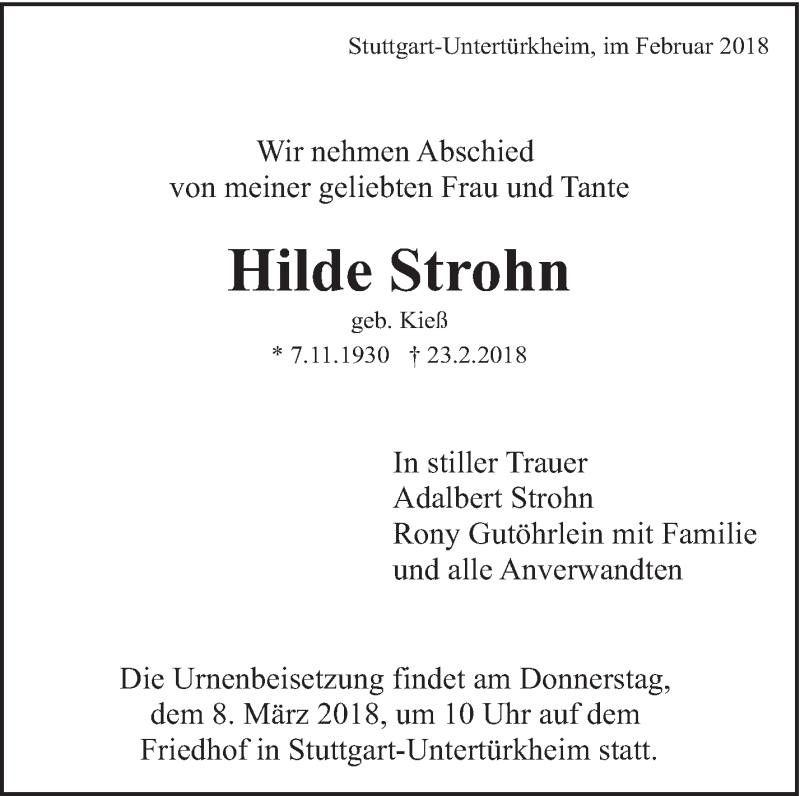  Traueranzeige für Hilde Strohn vom 03.03.2018 aus Eßlinger Zeitung/Cannstatter Zeitung