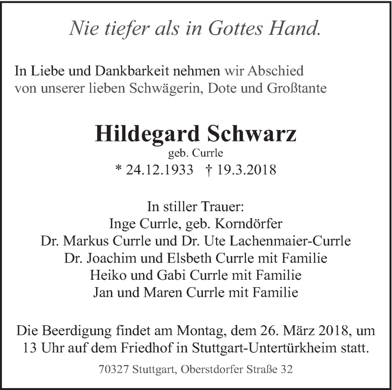 Traueranzeige für Hildegard Schwarz vom 24.03.2018 aus Eßlinger Zeitung/Cannstatter Zeitung