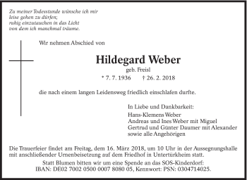 Traueranzeige von Hildegard Weber von Eßlinger Zeitung/Cannstatter Zeitung
