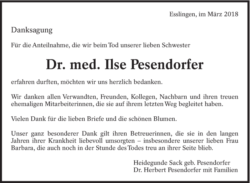  Traueranzeige für Ilse Pesendorfer vom 24.03.2018 aus Eßlinger Zeitung/Cannstatter Zeitung