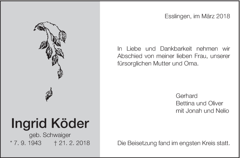  Traueranzeige für Ingrid Köder vom 07.03.2018 aus Eßlinger Zeitung/Cannstatter Zeitung