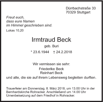 Traueranzeige von Irmtraud Beck von Eßlinger Zeitung/Cannstatter Zeitung