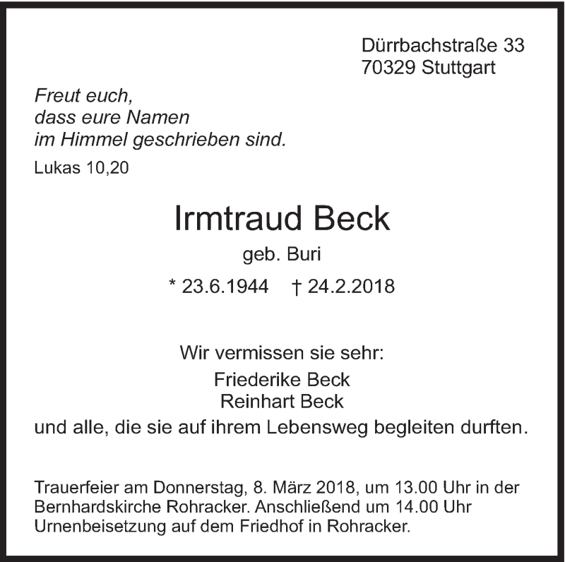  Traueranzeige für Irmtraud Beck vom 02.03.2018 aus Eßlinger Zeitung/Cannstatter Zeitung