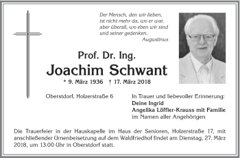 Traueranzeige von Joachim Schwant von Eßlinger Zeitung/Cannstatter Zeitung