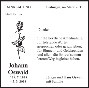 Traueranzeige von Johann Oswald von Eßlinger Zeitung/Cannstatter Zeitung