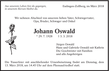 Traueranzeige von Johann Oswald von Eßlinger Zeitung/Cannstatter Zeitung