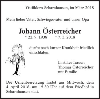 Traueranzeige von Johann Österreicher von Eßlinger Zeitung/Cannstatter Zeitung