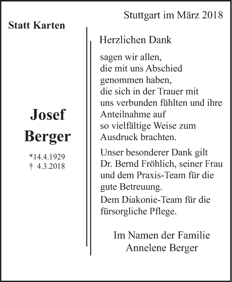 Traueranzeige für Josef Berger vom 20.03.2018 aus Eßlinger Zeitung/Cannstatter Zeitung