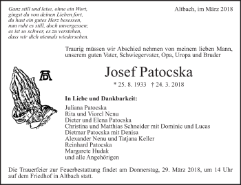 Traueranzeige von Josef Patocska von Eßlinger Zeitung/Cannstatter Zeitung