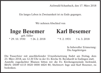 Traueranzeige von Karl Besemer von Eßlinger Zeitung/Cannstatter Zeitung
