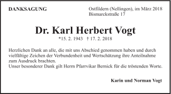 Traueranzeige von Karl Herbert Vogt von Eßlinger Zeitung/Cannstatter Zeitung