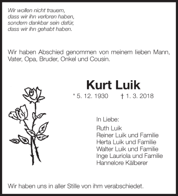 Traueranzeige von Kurt Luik von Eßlinger Zeitung/Cannstatter Zeitung