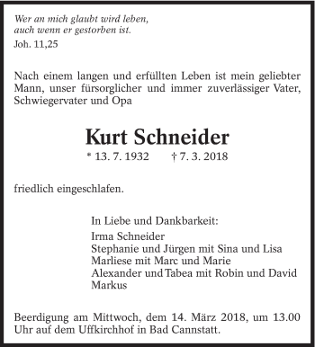 Traueranzeige von Kurt Schneider von Eßlinger Zeitung/Cannstatter Zeitung