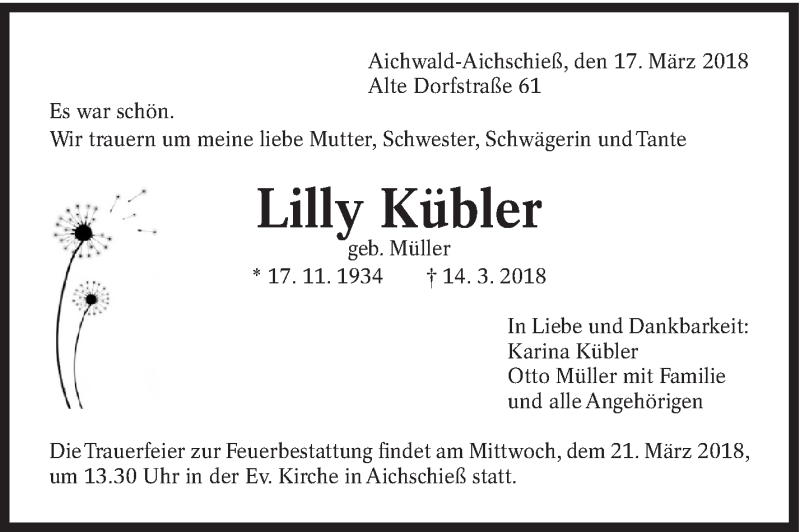 Traueranzeige für Lilly Kübler vom 17.03.2018 aus Eßlinger Zeitung/Cannstatter Zeitung