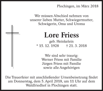 Traueranzeige von Lore Friess von Eßlinger Zeitung/Cannstatter Zeitung