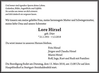 Traueranzeige von Lore Hirzel von Eßlinger Zeitung/Cannstatter Zeitung
