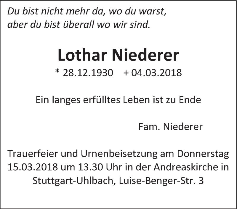  Traueranzeige für Lothar Niederer vom 08.03.2018 aus Eßlinger Zeitung/Cannstatter Zeitung